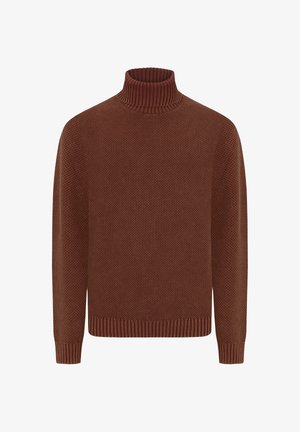 Pull à col roulé marron en tissu tricoté texturé. Doté de poignets et d'un ourlet côtelés, offrant un ajustement confortable et un design structuré.