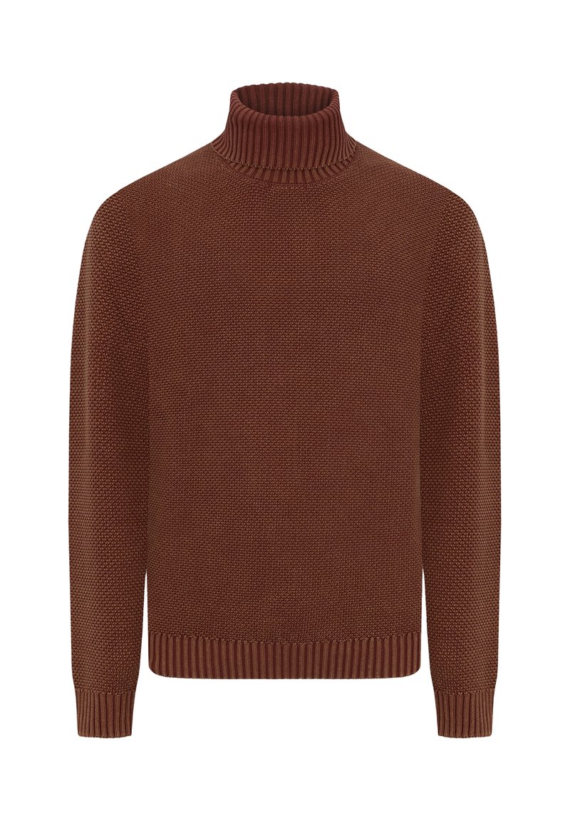 Suéter de cuello alto marrón hecho de tejido de punto texturizado. Cuenta con puños y dobladillo acanalados, lo que ofrece un ajuste ceñido y un diseño estructurado.