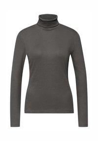Dunkelgraues, langärmliges Turtleneck-Shirt aus weichem, dehnbarem Stoff. Es verfügt über eine figurbetonte Silhouette und gerippte Struktur.
