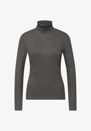 Chemise à col roulé à manches longues gris foncé, en tissu doux et extensible. Présente une silhouette ajustée et une texture côtelée.