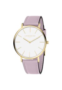 Runde Uhr mit einem weißen Zifferblatt, goldenen Akzenten und einem lavendelfarbenen Lederarmband. Verfügt über minimalistische Stundenmarkierungen und eine glatte Oberfläche.