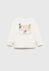 Sweatshirt blanc avec le texte "PAW PATROL" et "AU TRAVAIL !", illustré avec des personnages de chiens en dessin animé aux couleurs vives sur le devant. Manches longues.