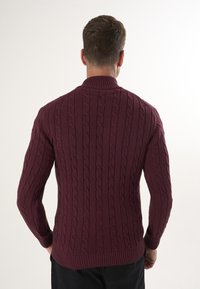Bordeauxfarbener Kabelstrickpullover mit hohem Kragen, gerippten Bündchen und Saum. Verfügt über ein strukturiertes Muster, das sich über das gesamte Kleidungsstück erstreckt.