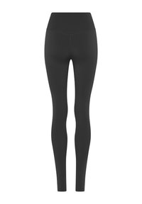 Čierne bezšvové legíny s vysokým pásom a širokým pásom, priliehavý strih od pásu po členok, zobrazené na bielom pozadí.