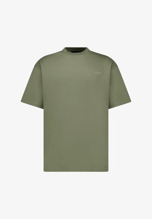 Olijfgroene T-shirt met korte mouwen, gemaakt van katoen, ronde hals, minimale merkdetails aan de voorkant, losse pasvorm met rechte zoom.