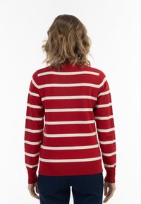 Maglione rosso con strisce bianche orizzontali, maniche lunghe, polsini a coste e collo tondo, realizzato in un morbido materiale lavorato a maglia.