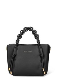 Borsa in pelle nera con finitura strutturata, manico intrecciato rotondo e dettagli in metallo color oro. Presenta un logo sul davanti.