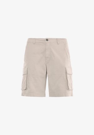 Pantaloni cargo beige realizzati in tessuto leggero, dotati di due tasche laterali e due tasche cargo, con chiusura a bottone in vita.