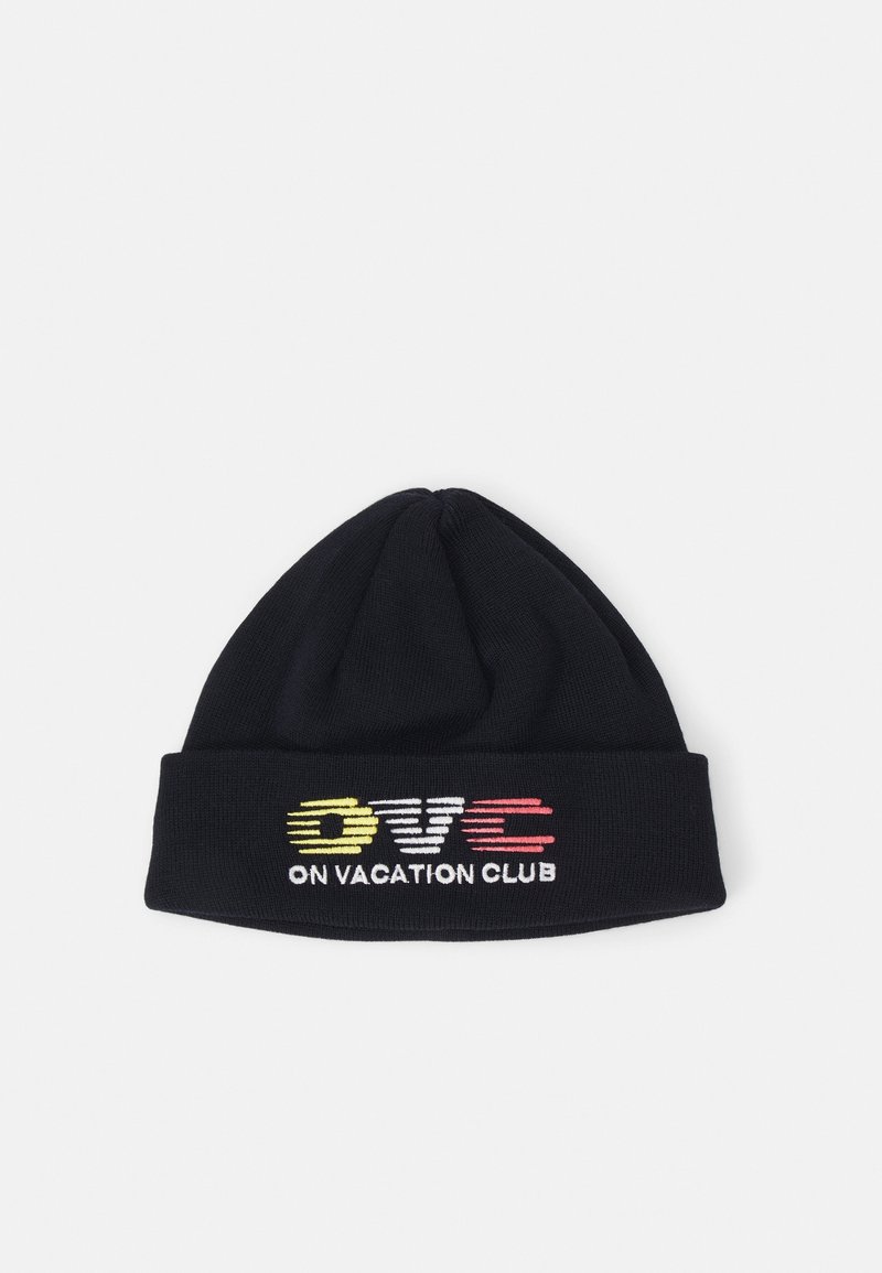 Bonnet en maille noir avec revers plié présentant des lettres multicolores "OVC" et le texte "ON VACATION CLUB" brodé à l'avant.