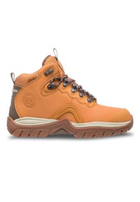 Oranger hochgeschnittener Wanderschuh mit Obermaterial aus strukturiertem Leder, kontrastierenden braunen Akzenten, Metallösen und dicker Gummisohle.