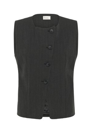 Belementis, tamsiai pilkos spalvos liemenė su smailiais raštais, su apvalia iškirpte ir penkiomis juodomis sagomis priekyje. Lygaus audinio tekstūra.