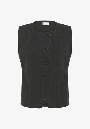 Chaleco sin mangas de color gris oscuro con patrón de rayas, que presenta un escote redondo y cinco botones negros en la parte delantera. Tejido de textura suave.