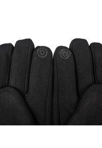 Sorte handsker lavet af blødt stof, med et elegant design og fem fingerpladser samt cirkulære accentdetaljer på fingerspidserne.