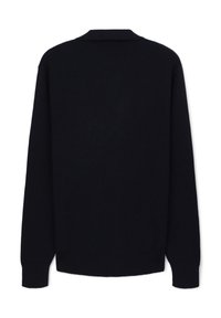 Dunkelblauer Pullover mit gerippter Textur, langen Ärmeln und einem spitzen Kragen. Verfügt über einen geraden Schnitt und dezente Nähte.