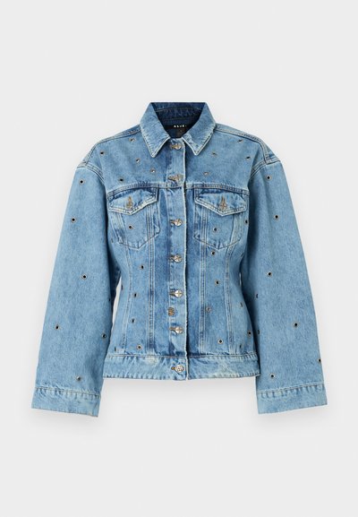 Light blue denim jacket with a collared neckline, button closure, and two chest pockets; features metallic stud accents throughout.