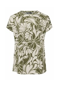 Camicia a maniche corte con stampa floreale in verde oliva e crema, con una texture a coste e un collo rotondo. Vestibilità casual ampia.