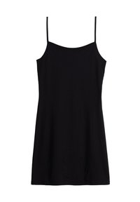 Schwarzes ärmelloses Kleid aus weichem Stoff, mit dünnen Trägern, einem figurbetonten Oberteil und einem fließenden Saum. Einfaches Design ohne Muster.