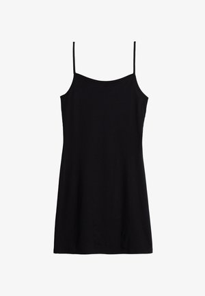 Robe noire sans manches en tissu doux, avec des fines bretelles, un corsage ajusté et un ourlet fluide. Design simple sans motifs.
