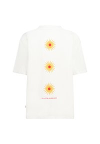 White cotton t-shirt with short sleeves, featuring three yellow sun graphics with red centers, and the text "RELIVE THE GOLDEN DAYS" below.