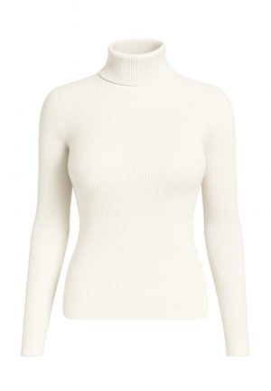 Gerippter Rollkragenpullover in Offwhite mit langen Ärmeln und einer taillierten Passform, die Textur und Form betont.