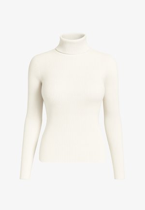 Gerippter Rollkragenpullover in Offwhite mit langen Ärmeln und einer taillierten Passform, die Textur und Form betont.