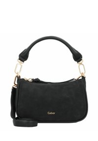 Bolso de mano de cuero sintético negro con una forma estructurada, que cuenta con un asa superior, una correa de hombro desmontable y acentos de hardware en tono dorado.