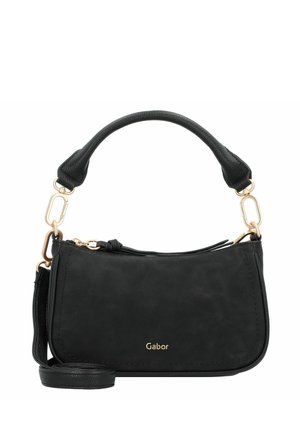 Black faux leather handbag with a structured shape, featuring a top handle, removable shoulder strap, and gold-tone hardware accents.