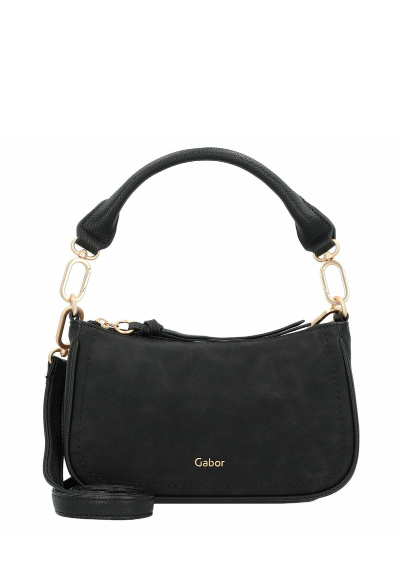 Bolso de mano de cuero sintético negro con una forma estructurada, que cuenta con un asa superior, una correa de hombro desmontable y acentos de hardware en tono dorado.