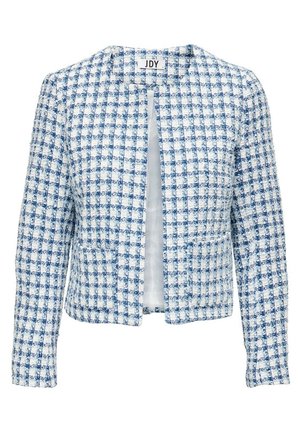 Blau-weißes Tweed-Damenjackett mit kariertem Muster, langen Ärmeln, offenem Vorderteil und zwei Fronttaschen.