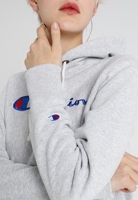 Sweatshirt à capuche gris en matière polaire, avec un logo brodé en bleu et rouge, doté d'un cordon de serrage et de poignets côtelés.