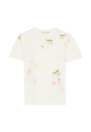 Maglietta bianca in cotone con maniche corte, con stampa acquerello di ciliegie e foglie in rosa, giallo e verde.