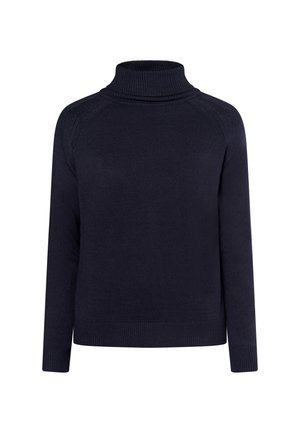 Suéter de cuello vuelto de color azul marino, fabricado con tejido de punto. Presenta mangas largas tipo raglán y puños acanalados. Diseño simple y minimalista.