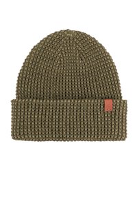 Kozakowy komin w kolorze oliwkowym, z prążkowaną fakturą i złożonym mankietem z małą skórzaną metką marki po boku.