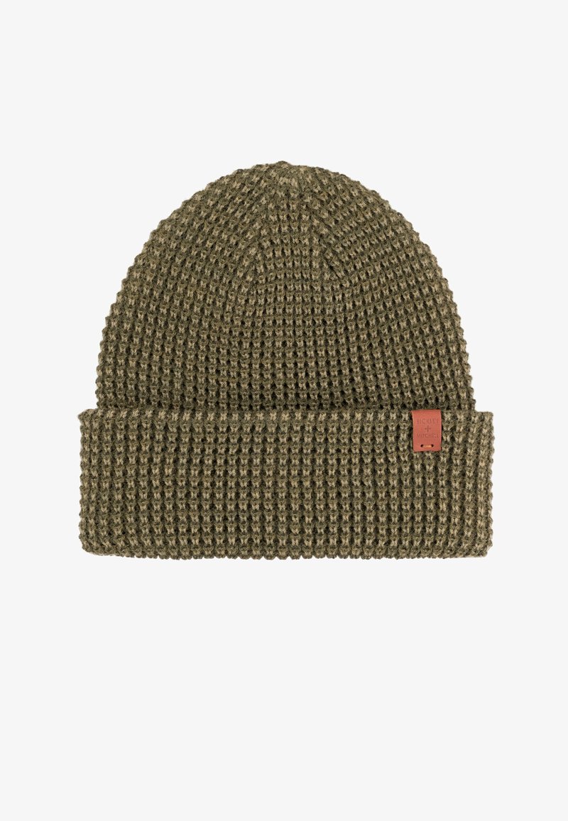 Kozakowy komin w kolorze oliwkowym, z prążkowaną fakturą i złożonym mankietem z małą skórzaną metką marki po boku.