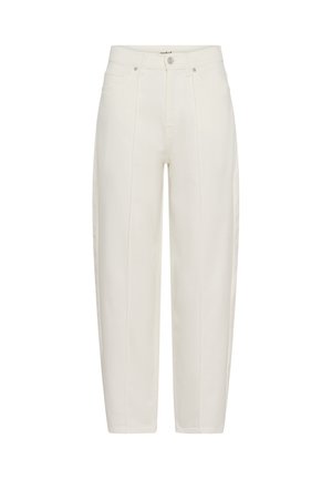 Pantalones blancos de talle alto hechos de algodón, con un diseño de pierna recta, dos bolsillos frontales y un cierre de botón en la parte delantera.