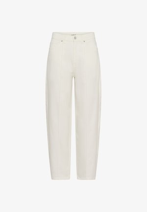 Pantalones blancos de talle alto hechos de algodón, con un diseño de pierna recta, dos bolsillos frontales y un cierre de botón en la parte delantera.