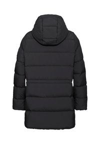 Giacca a pistone nera con cappuccio, caratterizzata da un design trapuntato. Il tessuto è liscio e la silhouette è di lunghezza media con una vestibilità comoda.