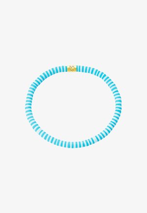 Blå og hvide stribet rund armbånd med en lille guldlås med et indgraveret due-symbol.