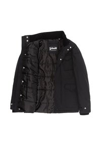 Giacca nera isolante con chiusura a zip e bottoni a pressione, polsini a coste, molteplici tasche e morbida fodera interna in tessuto. Etichetta visibile all'interno.