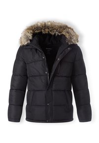 Chaqueta de plumas negra con capucha forrada de pelo sintético, diseño acolchado, cierre frontal con cremallera y bolsillos laterales. Textura suave y lisa.