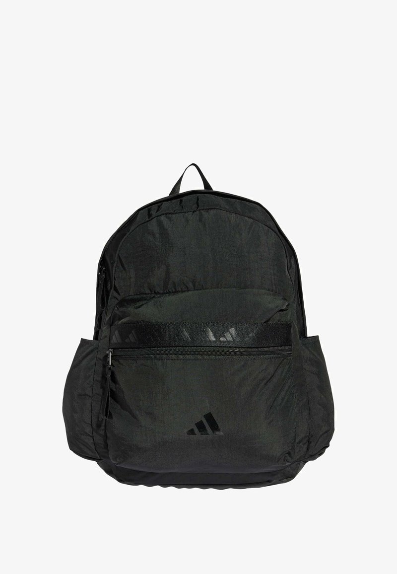 Black nylon backpack featuring a main compartment, front zipper pocket, and side mesh pockets. Includes a top handle and subtle branding.
