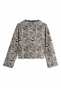 Čierno-biely pruhovaný top s dlhým rukávom, s okrúhlym výstrihom a skráteným strihom. Tkanina vyzerá textúrovaná s vlnitým vzorom.