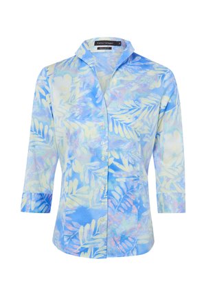 Overhemd met knopen en driekwart mouwen in een blauw, paars en crème tropisch bladpatroon, gelabeld als "Regular Fit" door Franco Callegari.