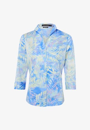 Overhemd met knopen en driekwart mouwen in een blauw, paars en crème tropisch bladpatroon, gelabeld als "Regular Fit" door Franco Callegari.