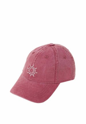 Pink baseball cap with embroidered white sun and crescent moon design on front, featuring a curved brim and stitched eyelets.