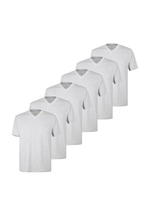 Six plain light gray V-neck short-sleeve T-shirts arranged overlapping in a diagonal line on white background.