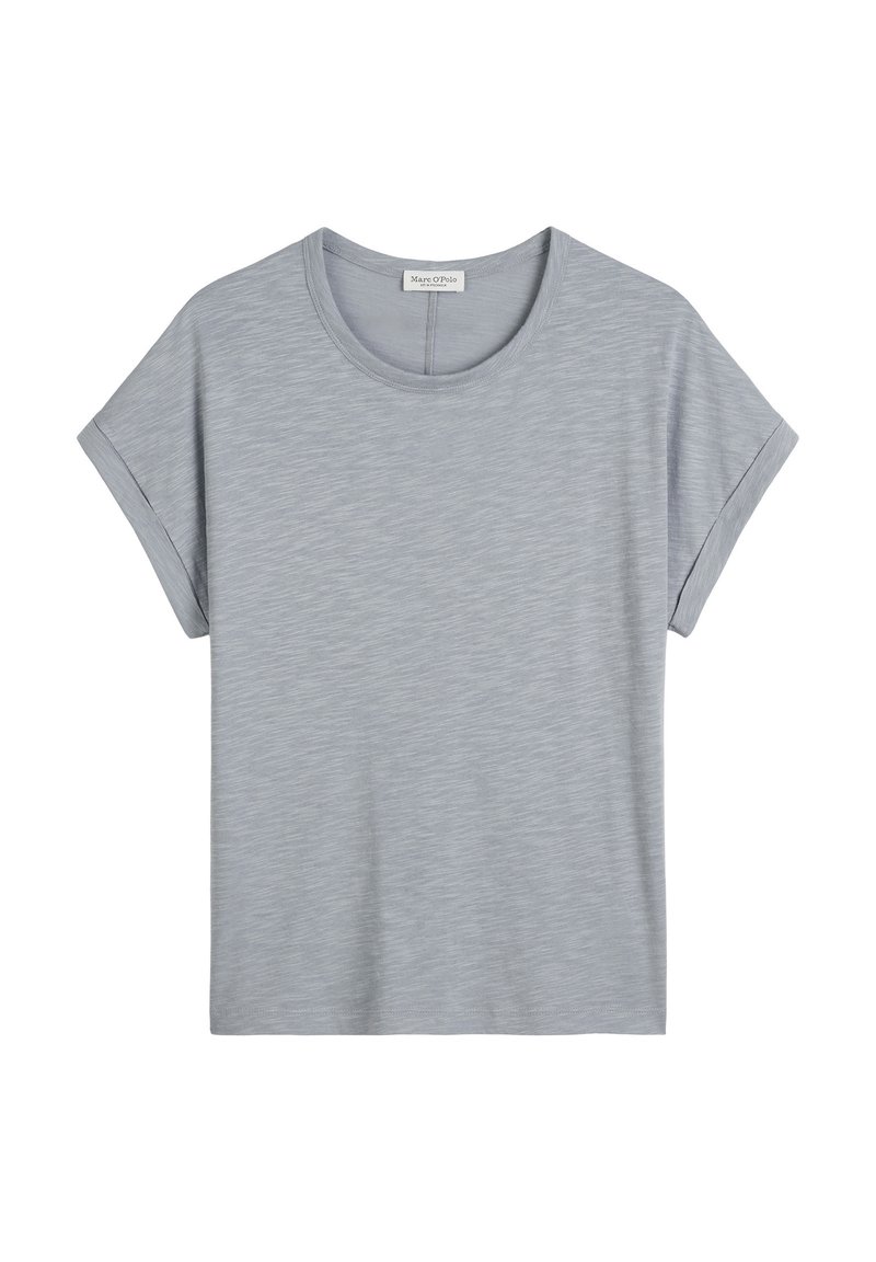 Graues kurzärmliges T-Shirt mit Rundhalsausschnitt, aus glattem, leichtem Stoff, mit einer subtilen Textur und hochgerollten Ärmeln.