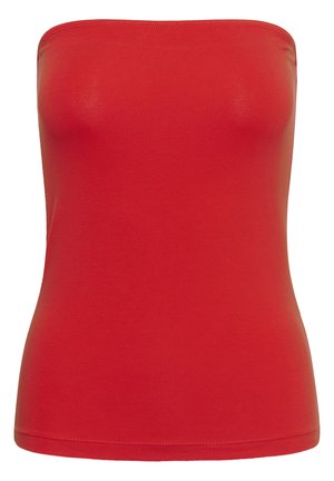 Rotes trägerloses, eng anliegendes Tube-Top mit glattem Stoff und genähtem Saum, entworfen für einen engen, minimalistischen Stil.