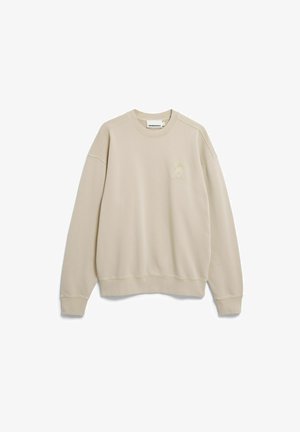 Lichtbeige sweatshirt van zachte stof. Voorzien van een ronde halslijn, vallende schouders en een klein logo op de linkerborst. Soepele textuur.