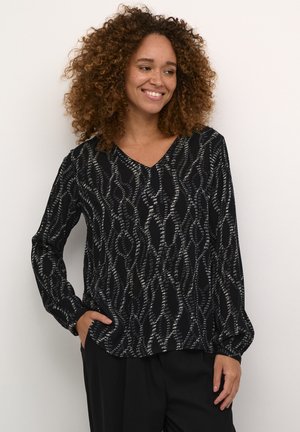 Schwarze Bluse mit V-Ausschnitt, langen Ärmeln und einem gemusterten Design mit silbernen Akzenten. Hergestellt aus einem leichten, strukturierten Stoff.